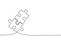 Two connected puzzle pieces of one continuous line drawn. Jigsaw puzzle element. Vector